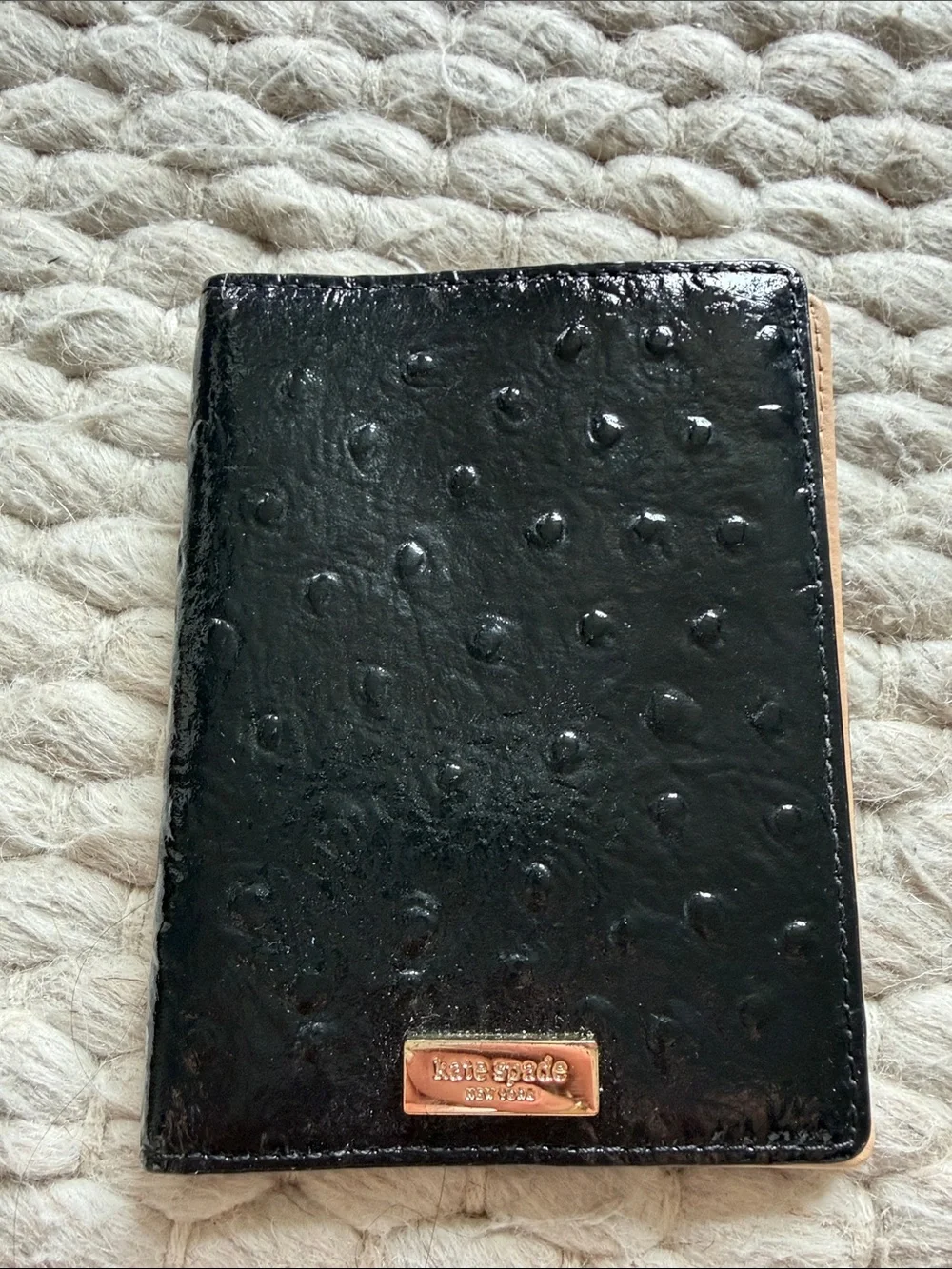 kate spade Black Textured Passport Holder with Gold Logo Plate